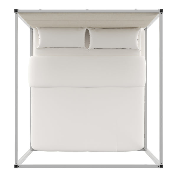 Homelegance By Top-Line Marcel Chrome Finish Metal Canopy Bed with Linen Panel Headboard Chrome Metal