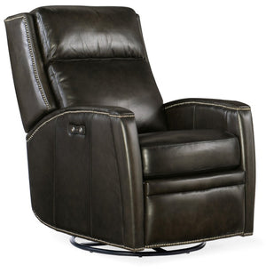 Hooker Furniture Declan Power Swivel Glider Recliner In Brindisi Trinita Leather With Usb, Nailhead Trim & Ergonomic Support Brown RC251-PSWGL-089