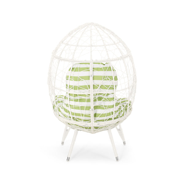 English Elm Christopher Knight Home® - GIANNI Teardrop Wicker Outdoor Chair with Water-Resistant Cushion, Handcrafted Faux Rattan Iron Frame Comfort White+Green 65645.00WGRN