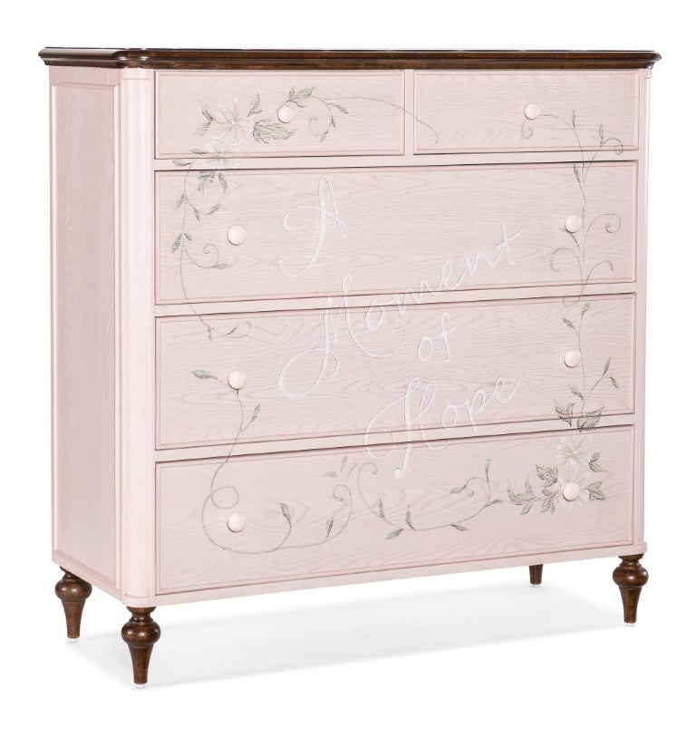 Hooker Furniture Moment Of Hope Chest — Pink Handpainted Floral Dresser With 5 Self-Closing Drawers, Oak/Walnut Veneer, Charity Support 5000-85001-61