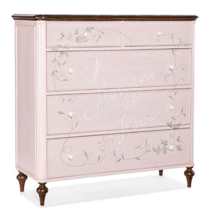 Hooker Furniture Moment Of Hope Chest — Pink Handpainted Floral Dresser With 5 Self-Closing Drawers, Oak/Walnut Veneer, Charity Support 5000-85001-61