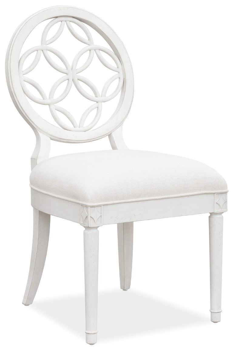 Hooker Furniture Melange Brynlee Side Chair — Creamy White Distressed Transitional Dining Chair With Fretwork Back, Padded Linen Seat 638-75006
