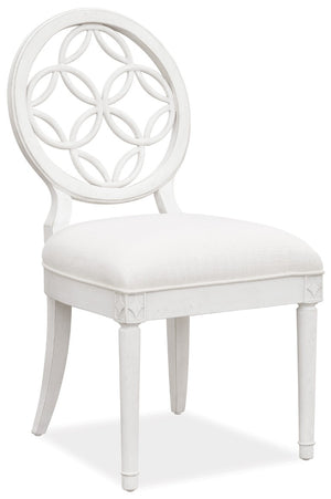 Hooker Furniture Melange Brynlee Side Chair — Creamy White Distressed Transitional Dining Chair With Fretwork Back, Padded Linen Seat 638-75006