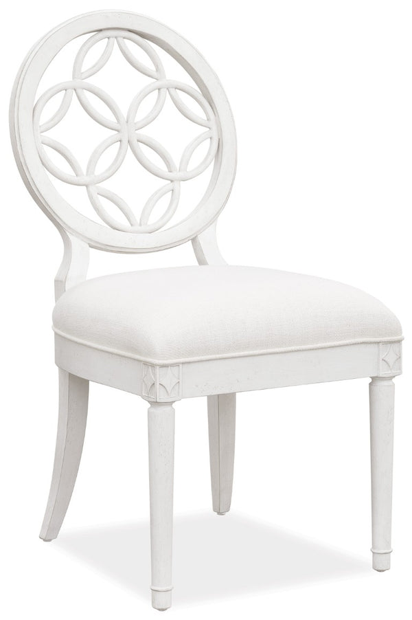 Hooker Furniture Melange Brynlee Side Chair — Creamy White Distressed Transitional Dining Chair With Fretwork Back, Padded Linen Seat 638-75006