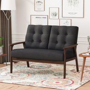 Christopher Knight Home® - Noble House - Duluth Mid Century Waffle Stitch Tufted Accent Loveseat with Rubberwood Legs - Black and Walnut Finish