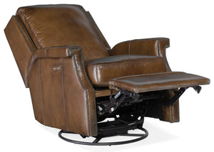 Hooker Furniture Collin Charcoal Aniline Leather Power Swivel Glider Recliner With Nailhead Trim And Plush Support Medium Brown RC379-PSWGL-083