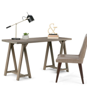 English Elm Sawhorse Writing Desk – Handcrafted Distressed Grey Wood, Retro-Industrial Style For Home Office Use B136P158236-GIGA