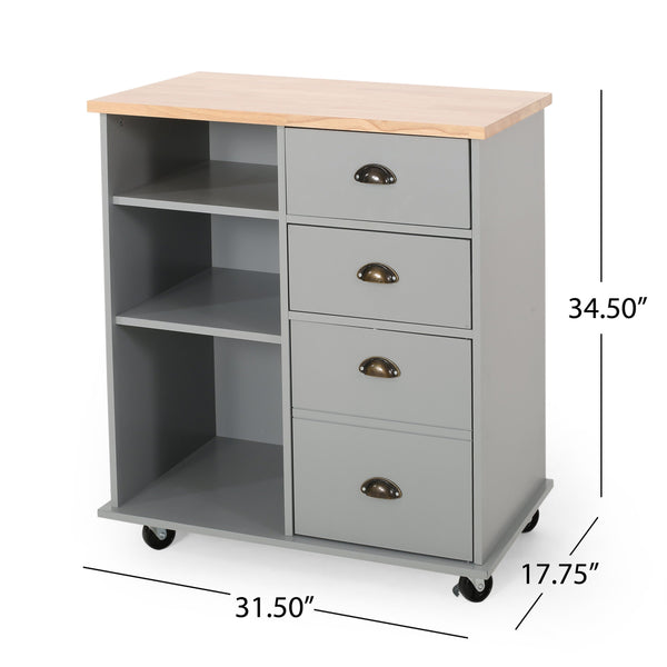 English Elm Christopher Knight Home® - Kitchen Island Cart with Rubberwood Top, Rolling Storage Cabinet with Drawers & Locking Casters Grey 67757.00NATGRY