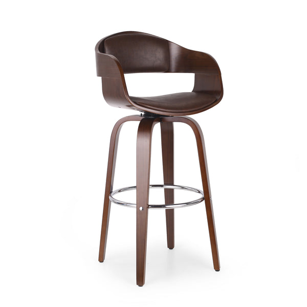 English Elm Christopher Knight Home® - BAR STOOL Mid-Century Modern Faux Leather Swivel with Walnut Veneer Frame and Chrome Footrest Dark Brown 67494.00PUDBRN