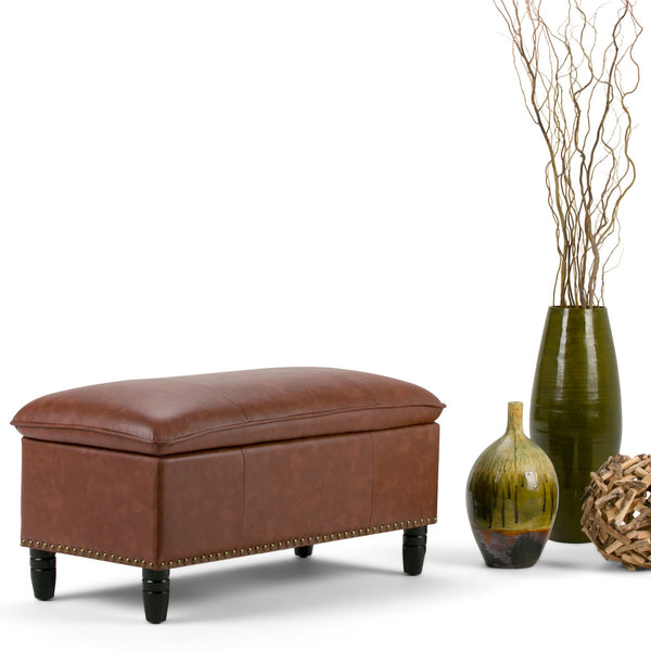 English Elm Emily Cognac Storage Ottoman with Pillow Top, Nailhead Trim & Hidden Interior Storage Bench 39" B136P158187