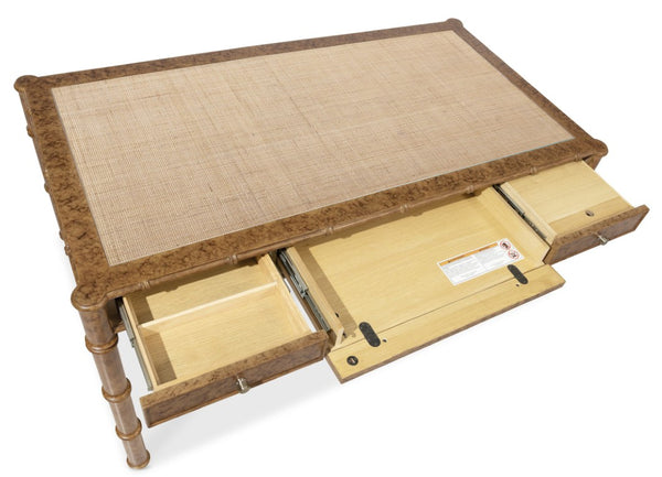 Hooker Furniture Archives Writing Desk With Faux-Tortoise Shell Accent, Woven Cane Top, Glass Surface & 3 Drawers 6123-10458-80