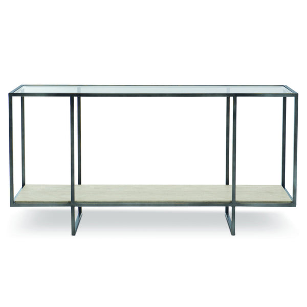 Bernhardt Bernhardt Harlow Metal Console Table With Travertine Shelf, Tempered Glass Top, Oil‑Rubbed Bronze Frame 514910