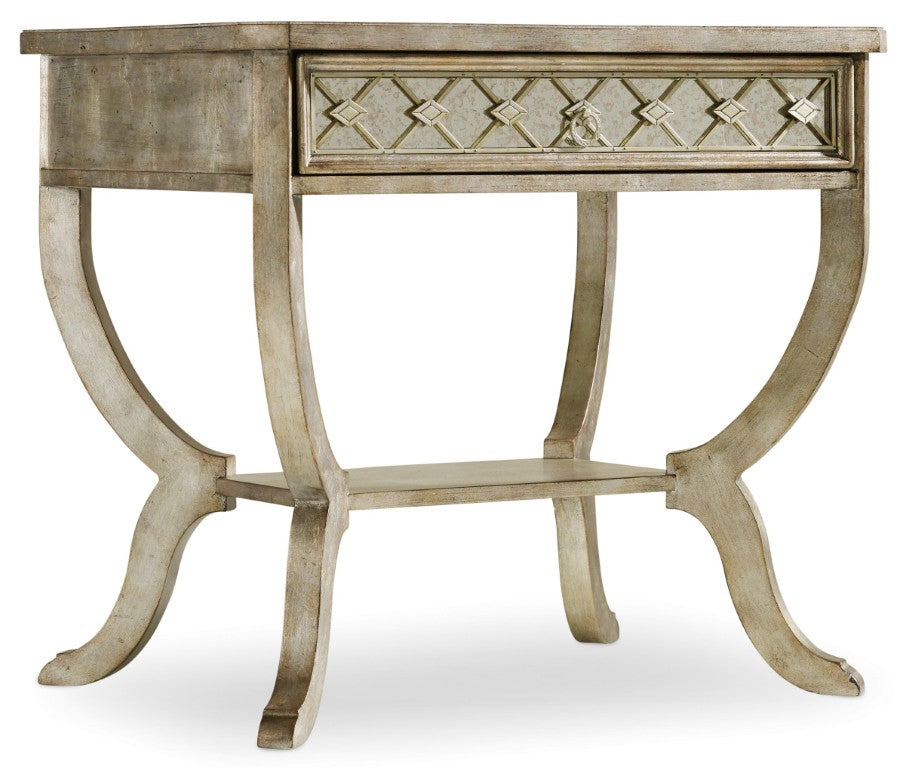 Hooker Furniture Sanctuary Elegant Silver Leaf Bedside Table With Antique Mirror Panels, Jewel Accents & Storage (29") 5413-90015