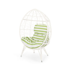 English Elm Christopher Knight Home® - GIANNI Teardrop Wicker Outdoor Chair with Water-Resistant Cushion, Handcrafted Faux Rattan Iron Frame Comfort White+Green 65645.00WGRN