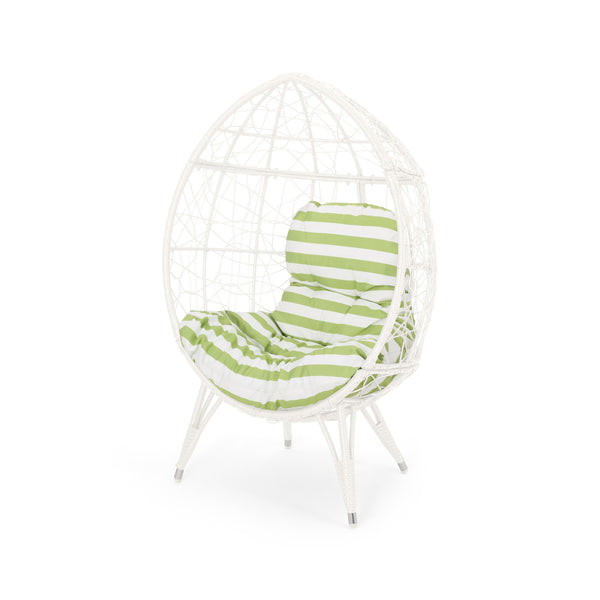 English Elm Christopher Knight Home® - GIANNI Teardrop Wicker Outdoor Chair with Water-Resistant Cushion, Handcrafted Faux Rattan Iron Frame Comfort White+Green 65645.00WGRN