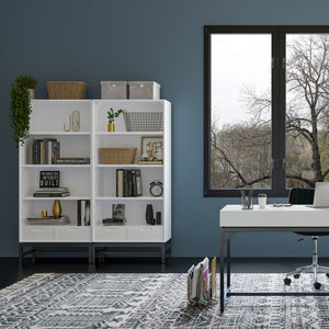 English Elm Banting Mid Century Modern Bookcase - White, Stylish Storage With Adjustable Shelves & Drawers B136P158468
