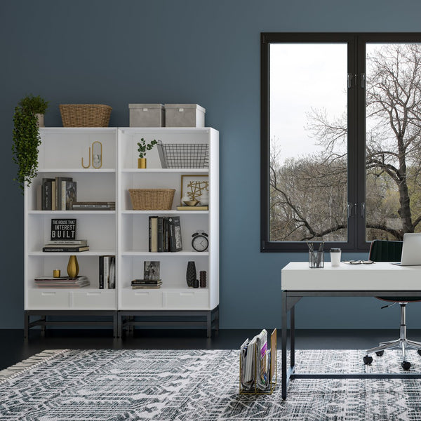 English Elm Banting Mid Century Modern Bookcase - White, Stylish Storage With Adjustable Shelves & Drawers B136P158468