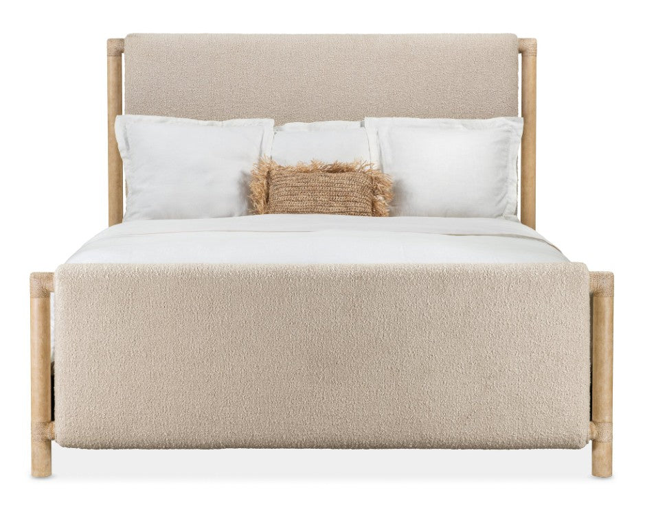 Hooker Furniture Retreat Queen Upholstered Panel Bed With Neo Cream Fabric, Rope Accents & Dune Distressed Finish 94.75 L x 80.75W x 65.50H 6950-90366-80