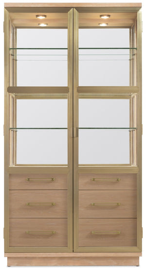 Hooker Furniture Banyon Glass Display Cabinet With Mirrored Back, Brushed Brass Accents & Led Lights, Desert Oak Finish 6081-75906-82