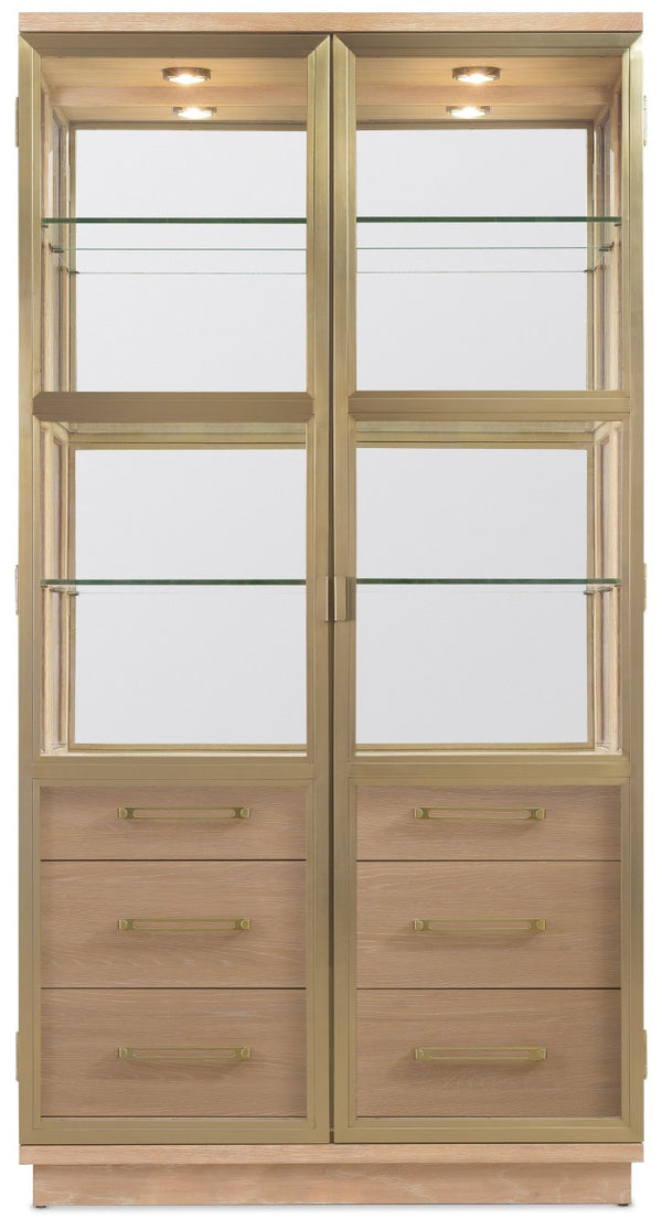Hooker Furniture Banyon Glass Display Cabinet With Mirrored Back, Brushed Brass Accents & Led Lights, Desert Oak Finish 6081-75906-82