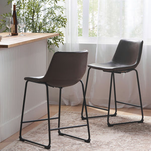English Elm Christopher Knight Home® - Vintage Brown 24-Inch Counter Stool Set of 2 — Upholstered Wide Seat, Iron Frame, Sled Legs, Floor-Safe Pads 58938.00