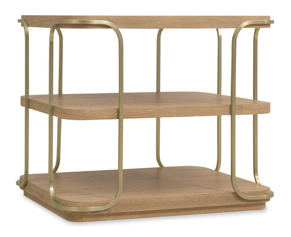 Hooker Furniture Banyon Desert Oak End Table With Brushed Brass Stainless Legs, Wire‑Brushed Cerused Finish — 26"L X 22"W X 24"H 6081-80113-82