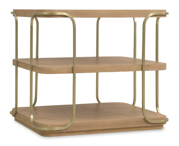 Hooker Furniture Banyon Desert Oak End Table With Brushed Brass Stainless Legs, Wire‑Brushed Cerused Finish — 26"L X 22"W X 24"H 6081-80113-82