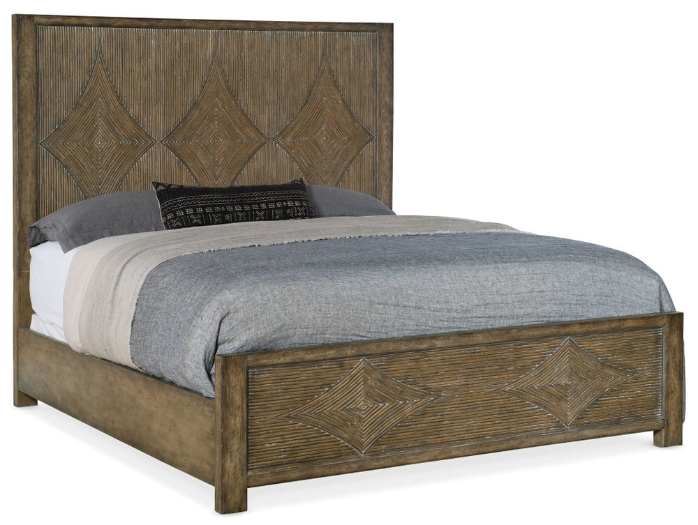 Hooker Furniture Sundance Queen Panel Bedframe With Reeded Diamond Motif In Cliffside Finish — Coastal Modern Charm 87.75 L x 63.75W x 70.25H 6015-90350-89