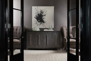 Hooker Furniture Melange Sculptural Midnight Credenza With Black & White Veneer, Soft-Close Doors, Silver Pulls — Stylish Storage 628-85740-99