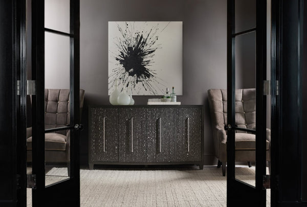Hooker Furniture Melange Sculptural Midnight Credenza With Black & White Veneer, Soft-Close Doors, Silver Pulls — Stylish Storage 628-85740-99