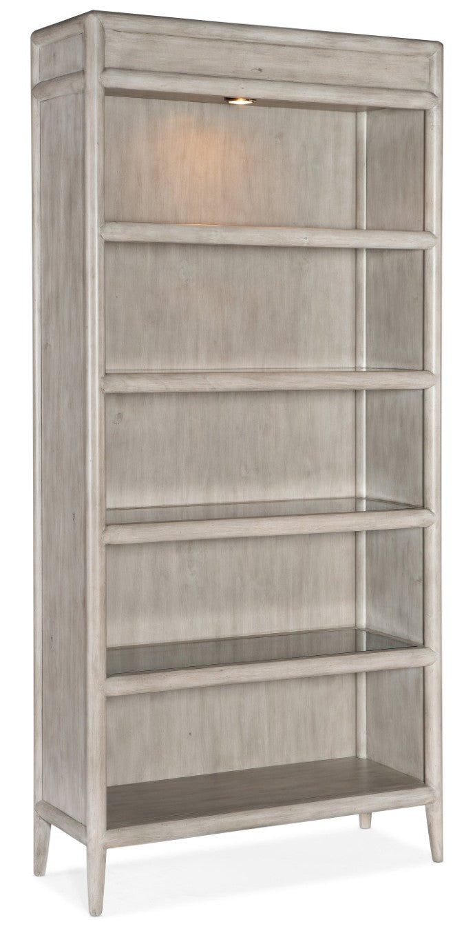 Hooker Furniture Burnham Grey Mink Bookcase With Alder Veneer, Glass Shelves & Adjustable Puck Lighting For Display 5921-10445-90