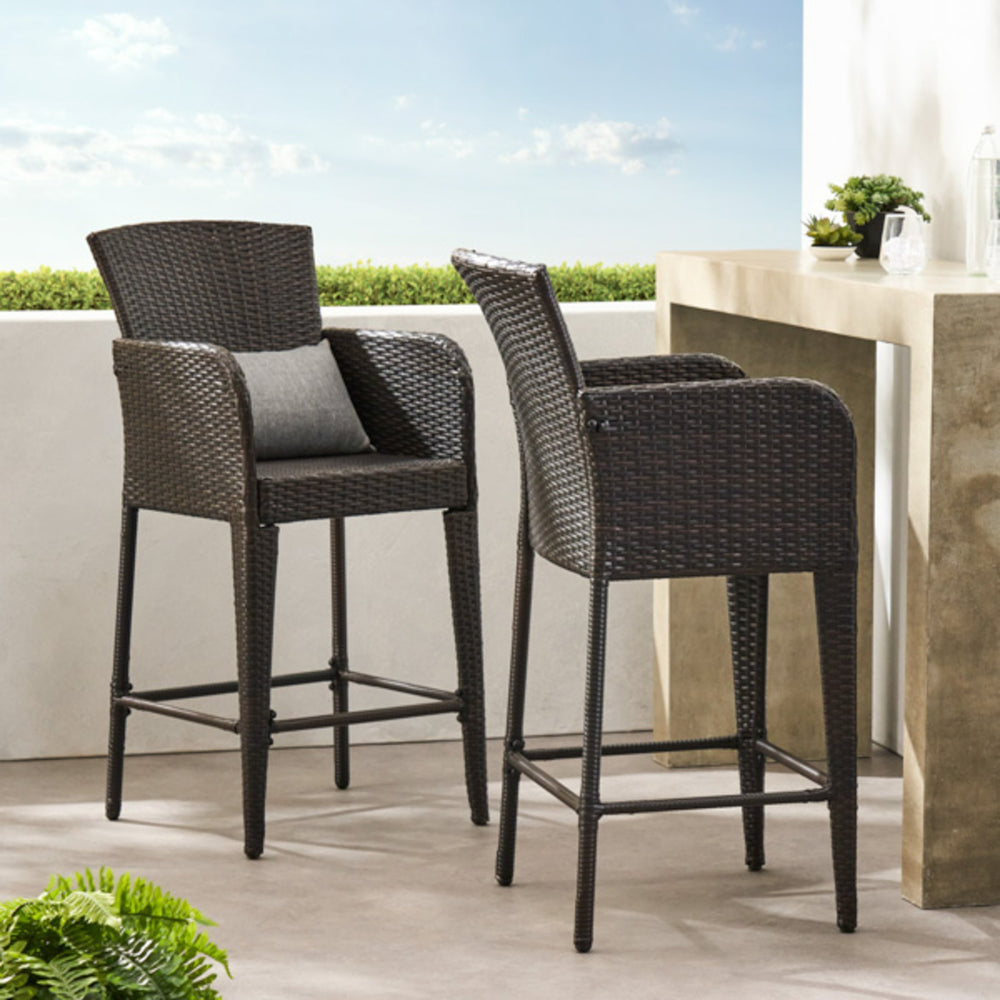 English Elm Christopher Knight Home® - ANAYA Outdoor Wicker Barstool Set of 2 — Weatherproof PE Wicker with Powder-Coated Iron Frames Brown 58896.00