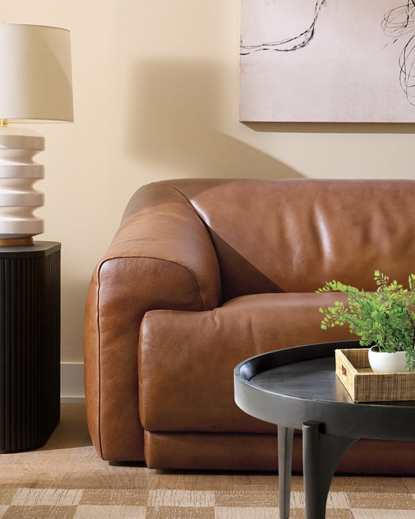 Hooker Furniture Maria Caramel Semi-Aniline Leather Two-Seat Sofa With Low-Profile Silhouette And Dark Wood Feet 43.00 L x 96.00W x 31.00H SS415-025-082