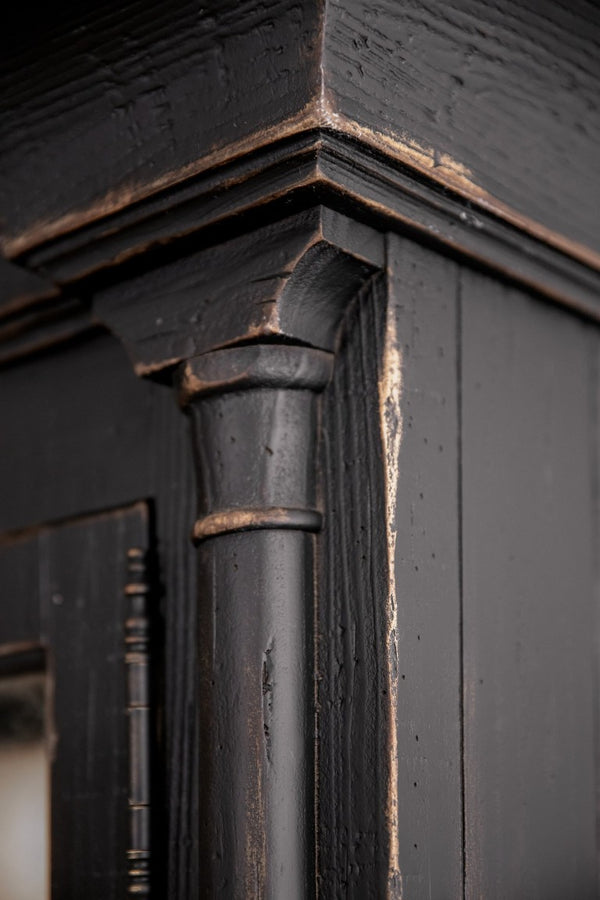Hooker Furniture Ciao Bella Two-Door Display Cabinet In Distressed Black With Beveled Glass, Adjustable Shelves, Brass Pulls 5805-75906-99