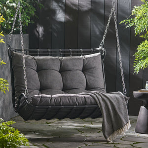English Elm Christopher Knight Home® - ARRUDA Wicker Porch Swing with Water-Resistant Cushions, Iron Frame, Boho Outdoor Hanging Seat, 800 lb Capacity Grey 70653.00GRY