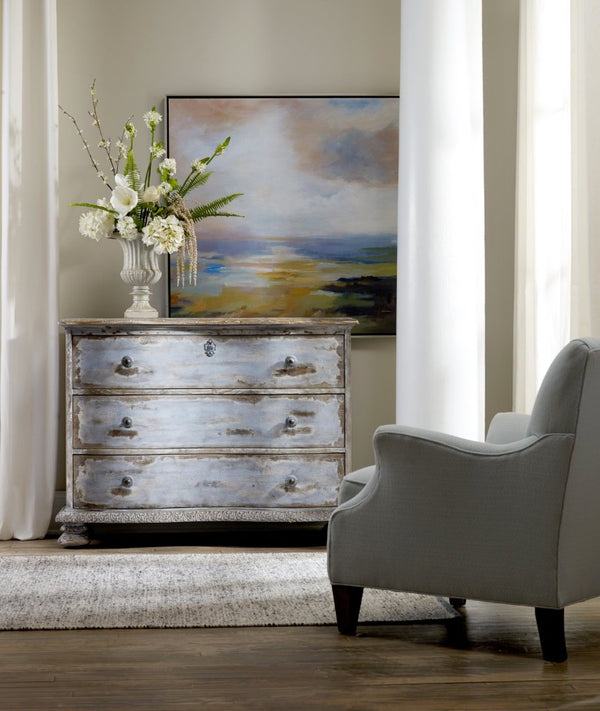 Hooker Furniture Chatelet Light Blue Distressed Pecan Chest With Acanthus Details, Bun Feet & Faux Lock — Elegant Storage 5851-85001