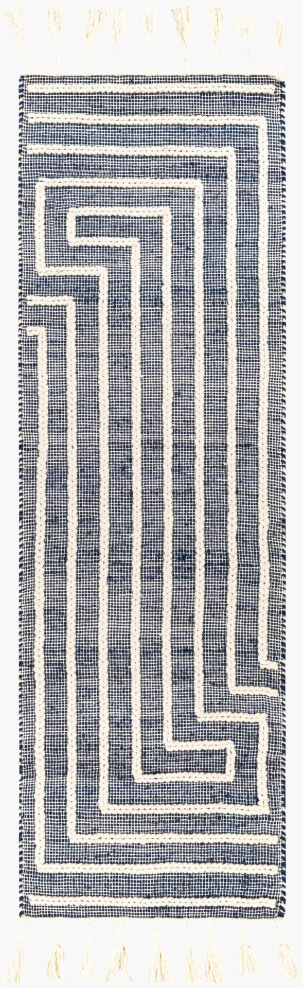 Livabliss Norwood Wool Jute Blend Handwoven Area Rug with Global Boho Pattern and Fringe Accents Ink Blue, Cream 2'6" x 8' NWD2306-268