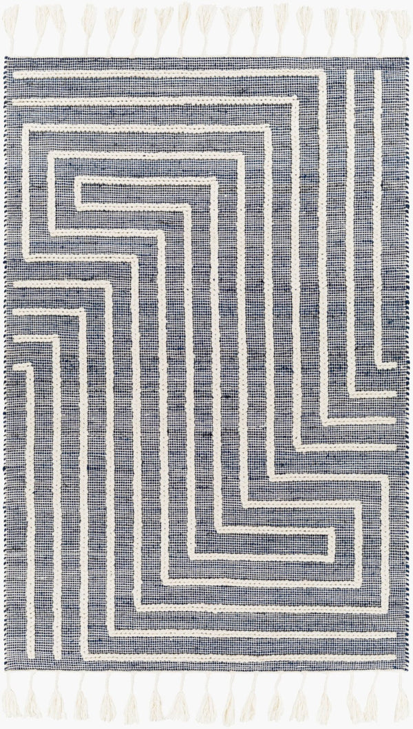 Livabliss Norwood Wool Jute Blend Handwoven Area Rug with Global Boho Pattern and Fringe Accents Ink Blue, Cream 5' x 7'6" NWD2306-576