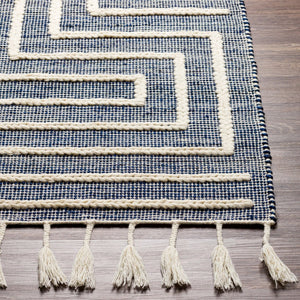 Livabliss Norwood Wool Jute Blend Handwoven Area Rug with Global Boho Pattern and Fringe Accents Ink Blue, Cream 5' x 7'6" NWD2306-576