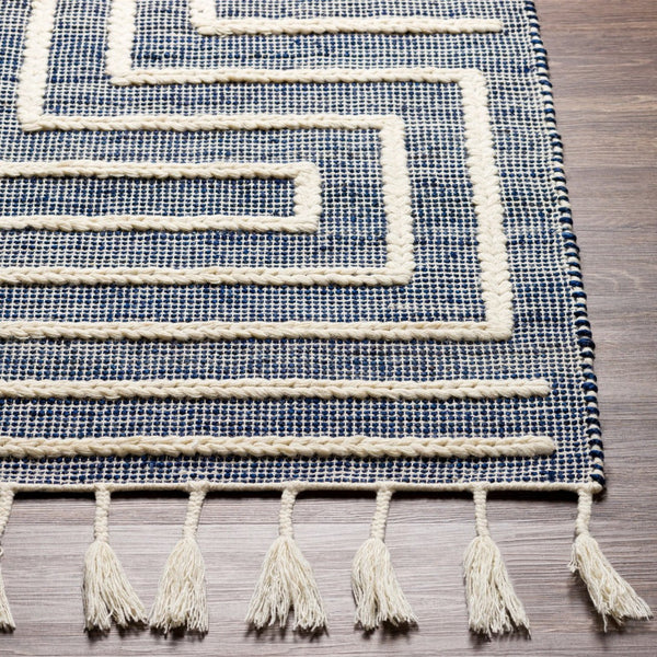 Livabliss Norwood Wool Jute Blend Handwoven Area Rug with Global Boho Pattern and Fringe Accents Ink Blue, Cream 5' x 7'6" NWD2306-576