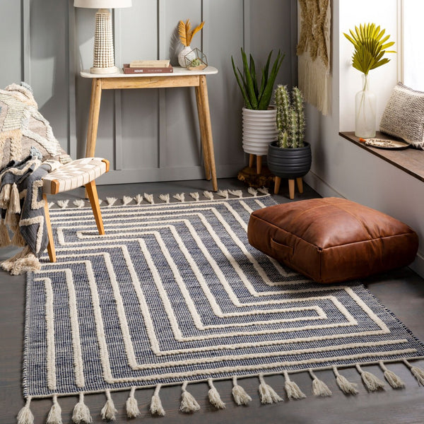 Livabliss Norwood Wool Jute Blend Handwoven Area Rug with Global Boho Pattern and Fringe Accents Ink Blue, Cream 5' x 7'6" NWD2306-576
