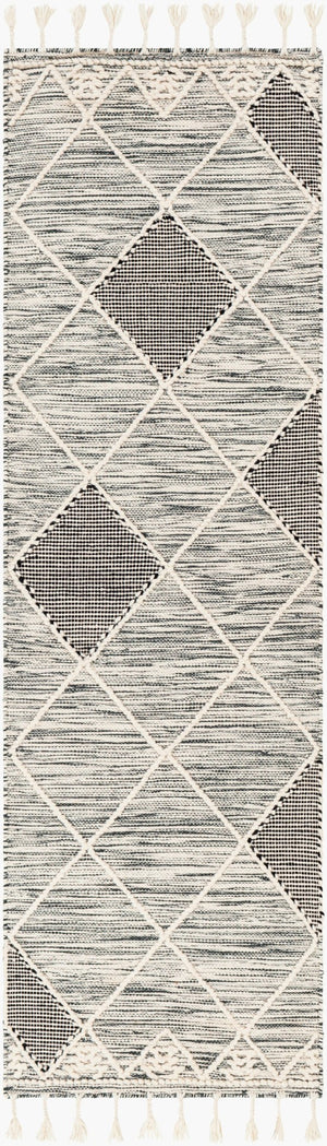 Livabliss Norwood Handwoven Wool Flatweave Rug with Fringe Boho Accent for Entryway or Bedside Black, Cream 2'6" x 8' NWD2308-268