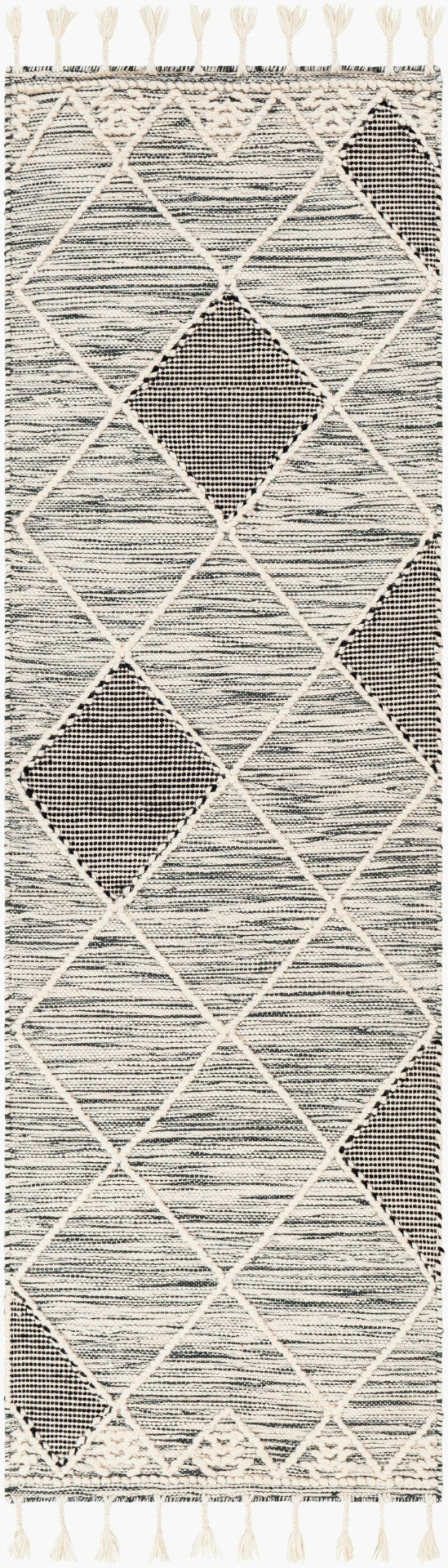 Livabliss Norwood Handwoven Wool Flatweave Rug with Fringe Boho Accent for Entryway or Bedside Black, Cream 2'6" x 8' NWD2308-268