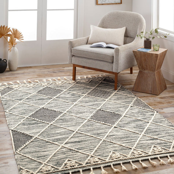 Livabliss Norwood Handwoven Wool Flatweave Rug with Fringe Boho Accent for Entryway or Bedside Black, Cream 2' x 3' NWD2308-23