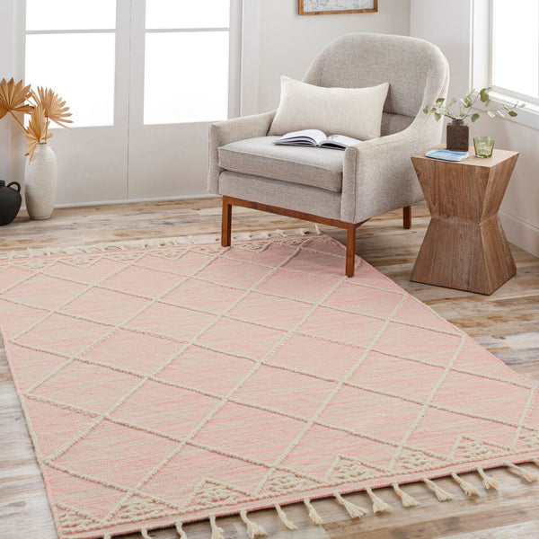 Livabliss Norwood Hand Woven Wool Flatweave Rug with Fringe Boho Global Accent Decor Light Pink, Cre 5' x 7'6" NWD2309-576