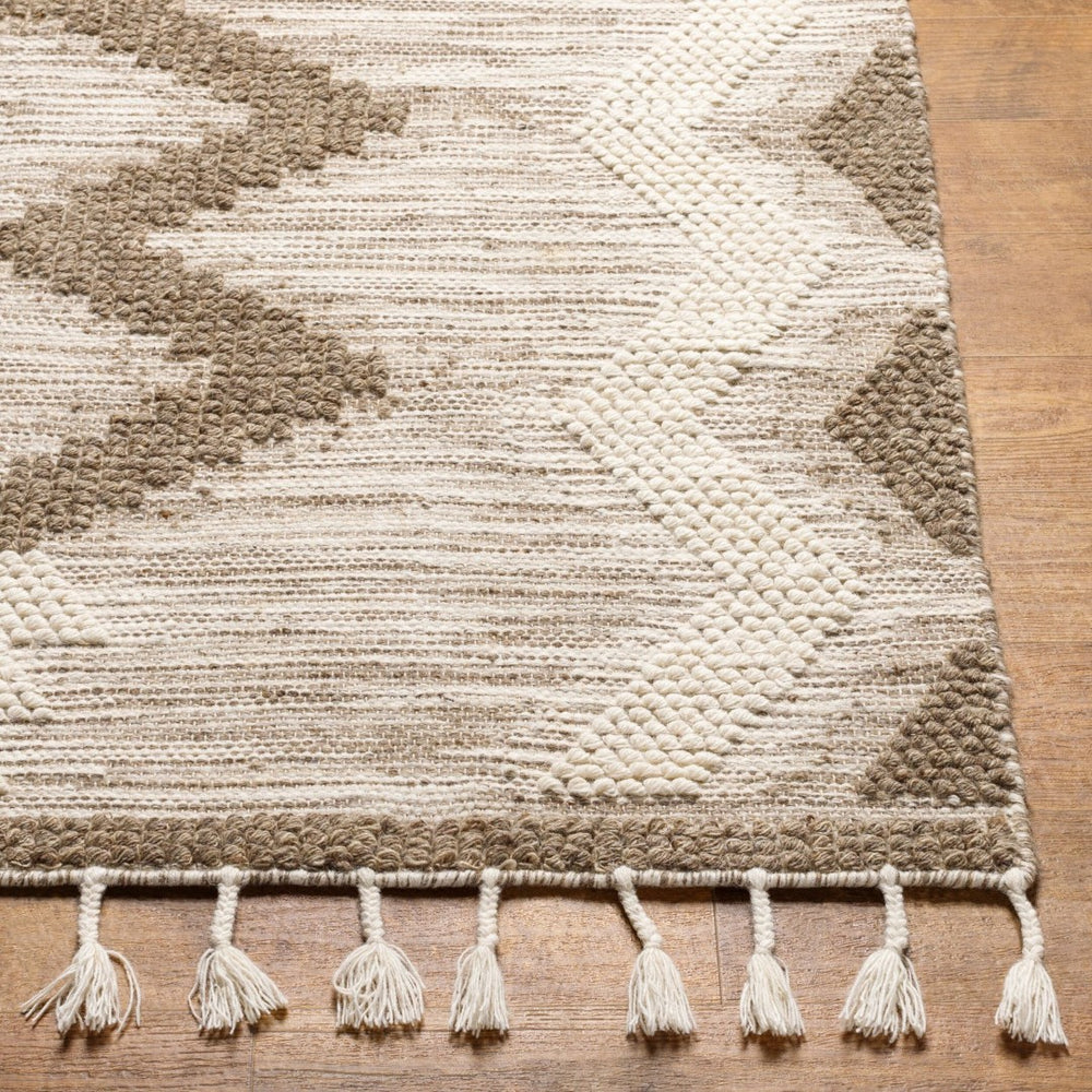 Livabliss Norwood Handwoven Wool Accent Rug with Fringe Artisan Global Bohemian Entryway Decor Olive, Cream 5' x 7'6" NWD2310-576
