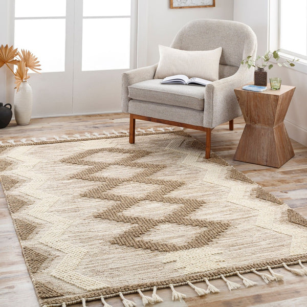 Livabliss Norwood Handwoven Wool Accent Rug with Fringe Artisan Global Bohemian Entryway Decor Olive, Cream 5' x 7'6" NWD2310-576