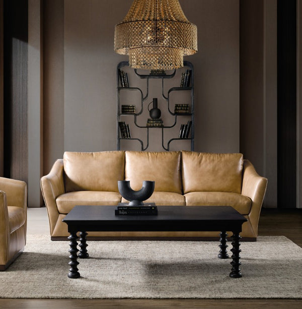 Hooker Furniture Fairfax Semi-Aniline Leather Sofa In Dark Blond With Low-Profile Wood Plinth Base And Flared Arms 40.39 L x 92.09W x 37.40H SS225-03-080