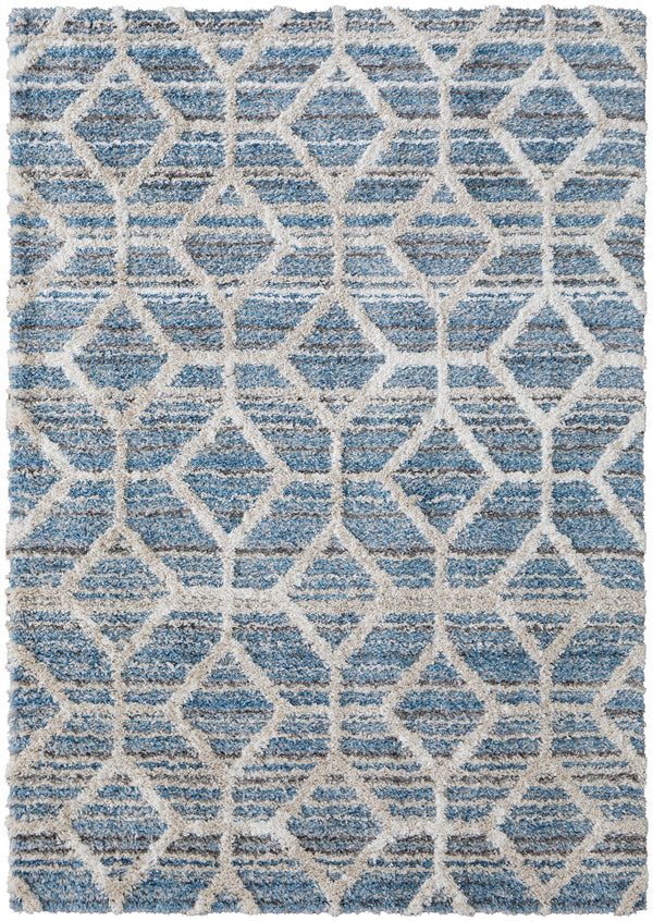 Feizy Rugs Mynka High Pile Geometric Area Rug - Pet-friendly, Stain Resistant, Ideal For High Traffic Spaces Blue,Ivory Polyester Myn39icfblu000p00
