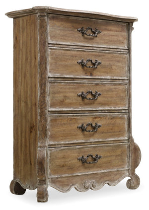 Hooker Furniture Chatelet Chest — Caramel Froth Pecky Pecan Finish, Burnished Bronze Hardware, Cedar-Lined Bottom Drawer 5300-90010